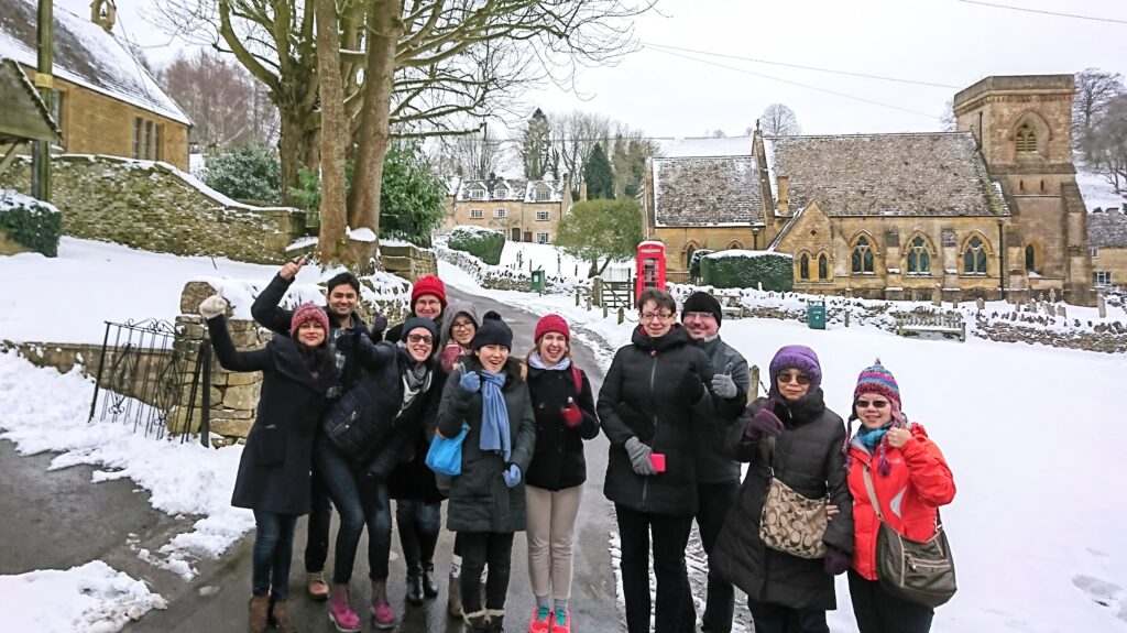 happy group of people on a Go Cotswolds tour in January