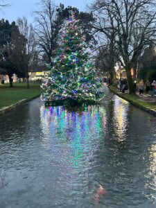 Christmas tree in the watre at Bourton on the water on a Go Cotswolds Christmas tour